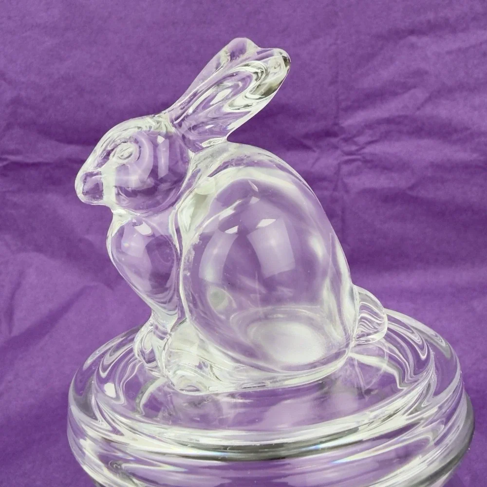 Clear Glass Bunny Rabbit Lidded Candy Jar Apothecary Tabletop Spring Decor